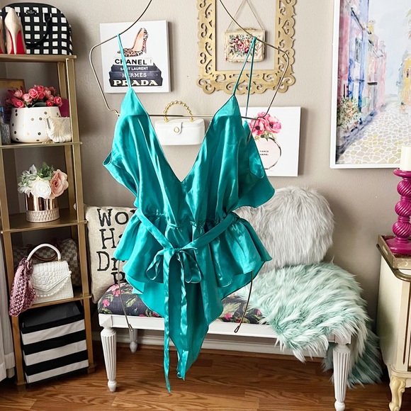 Vintage Victoria's Secret teal satin ruffle cinched waist bodysuit size medium - Picture 3 of 16